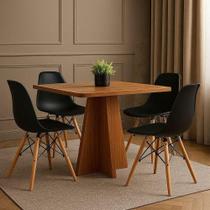 Conjunto Mesa De Jantar 90cm Quadrada Em Madeira + 4 Cadeiras Eames Pretas Pés De Madeira Design Moderno E Sofisticado