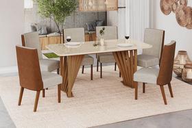 Conjunto Mesa de Jantar Adriana com Vidro e 6 Cadeiras Anne Henn - Nature/Off White/Corano Caramelo/Linho Conjunto Mesa de Jantar Adriana com Vidro e 6 Cadeiras Anne Henn - Nature/Off White/Corano Caramelo/Linho