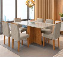 Conjunto Mesa de Jantar Ana 1,60m Tampo de Madeira com Vidro Colado com 6 Cadeiras Amanda Cor Ypê Offwhite WD25 New Ceval