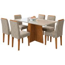 Conjunto Mesa de Jantar Ana 1,60m Tampo de Madeira com Vidro Colado com 6 Cadeiras Amanda Ypê Offwhite WD25 New Ceval