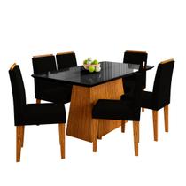 Conjunto Mesa de Jantar Bárbara 1,60m Tampo de Madeira com Vidro Colado com 6 Cadeiras Ana Cor Ypê Preto Ja03 - New Ceval