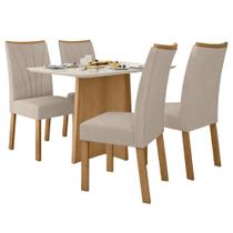 Conjunto Mesa de Jantar Celebrare 1,20 c/ vidro e 4 cadeiras Apogeu Tecido Veludo Naturale Creme Amendoa Clean/off White - Móveis Lopas