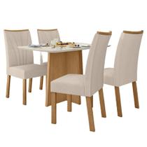 Conjunto Mesa de Jantar Celebrare 1,20 com vidro e 4 cadeiras Apogeu Tecido Linho Rinzai Bege Amendoa Clean/off White