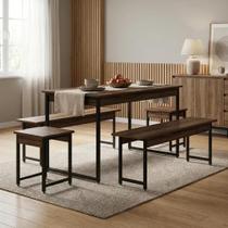 Conjunto Mesa de Jantar com 2 Bancos e 2 Banquetas Estilo Industrial Aço e Active Nogal Yescasa Conjunto Mesa de Jantar com 2 Bancos e 2 Banquetas Estilo Industrial Aço e Active Nogal Yescasa