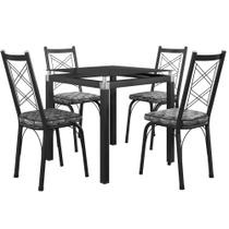 Conjunto Mesa de Jantar com 4 Cadeiras 143 Malva Tampo Vidro 75cm SF Preto Assento Mosaico Silver - Combo Stock