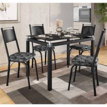 Conjunto Mesa de Jantar com 4 Cadeiras 151 Malva Tampo Vidro 107cm SF Preto Assento Mosaico Silver - Combo Stock