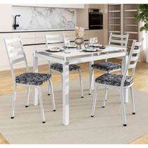 Conjunto Mesa de Jantar com 4 Cadeiras 166 Malva Tampo Vidro 107cm Branco Assento Mosaico Silver - Combo Stock