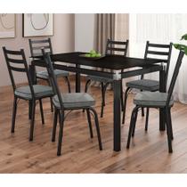 Conjunto Mesa de Jantar com 6 Cadeiras 141 Malva Tampo Vidro 140cm SF Preto Assento Platina - Combo Stock