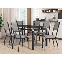 Conjunto Mesa de Jantar com 6 Cadeiras 258 Malva Tampo Vidro 140cm SF Preto Assento Grafiato - Combo Stock