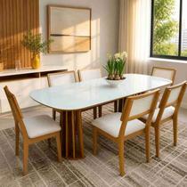 Conjunto Mesa de Jantar com 6 cadeiras Estofadas e Encosto Palinha 100% MDF Dalla Costa Conjunto Mesa de Jantar com 6 cadeiras Estofadas e Encosto Palinha 100% MDF Dalla Costa