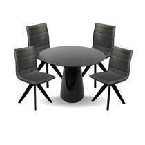 Conjunto Mesa de Jantar Cone 100 cm Laca Preta com Cadeiras Cercatto Giratória Revestida em Tecido Linho Cinza Chumbo