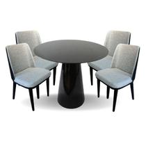 Conjunto Mesa de Jantar Cone 110 cm Laca Preta com 4 Cadeiras Londres Revestida em Tecido Linho e material sintético