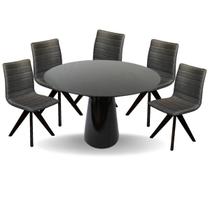 Conjunto Mesa de Jantar Cone 120 cm Laca Preta com Cadeiras Cercatto Giratória Revestida em Tecido Linho Cinza Chumbo