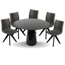 Conjunto Mesa de Jantar Cone 130 cm Laca Preta com Cadeiras Cercatto Giratória Revestida em Tecido Linho Cinza Chumbo