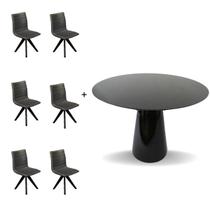 Conjunto Mesa de Jantar Cone 140 cm Laca Preta com Cadeiras Cercatto Giratória Revestida em Tecido Linho Cinza Chumbo