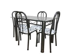 Conjunto Mesa de Jantar cozinha com 4 Cadeiras M-KE Tampo vidro 1.20m aço cor Craqueada cinza