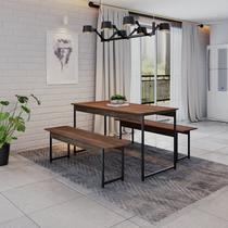 Conjunto Mesa de Jantar e 2 Bancos Industrial Aço MDP 135cm Preta e Marrom Yescasa Conjunto Mesa de Jantar e 2 Bancos Industrial Aço MDP 135cm Preta e Marrom Yescasa