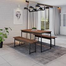 Conjunto Mesa de Jantar e 2 Bancos Industrial Aço MDP 135cm Preta e Marrom Yescasa