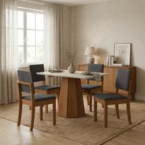 Conjunto Mesa de Jantar e 4 Cadeiras Estofadas com Tampo MDF e Vidro Jade 120x80cm Off White/Canela/Cinza Conjunto Mesa de Jantar e 4 Cadeiras Estofadas com Tampo MDF e Vidro Jade 120x80cm Off White/Canela/Cinza