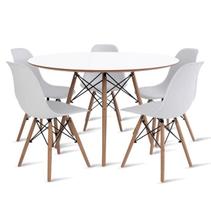 Conjunto Mesa de Jantar Eames Eiffel Redonda 110cm Tampo de Madeira Branco + 5 Cadeiras Brancas