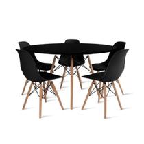 Conjunto Mesa de Jantar Eames Eiffel Redonda 110cm Tampo de Madeira Preto + 5 Cadeiras Pretas