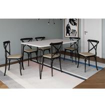 Conjunto Mesa de Jantar Elen com 6 Cadeiras Katrina Base Preta e Tampo Branco 150cm Conjunto Mesa de Jantar Elen com 6 Cadeiras Katrina Base Preta e Tampo Branco 150cm