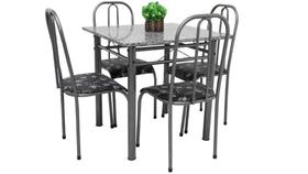 Conjunto Mesa de jantar em aço M-RI Quadrada 80cm Jantar com 04 Cadeiras tampo em Granito verdadeiro 15mm craqueada floral preto