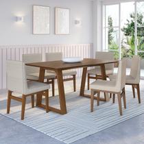 Conjunto Mesa de Jantar em Madeira Carter 160x80cm com 6 Cadeiras Tec Algodão Bege Nogueira