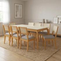Conjunto Mesa de Jantar em Madeira Maciça com Vidro e 8 Cadeiras Estofadas com Telinha em Linho Petr
