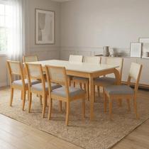 Conjunto Mesa de Jantar em Madeira Maciça com Vidro e 8 Cadeiras Estofadas com Telinha em Linho Petra Natural/Cinza Conjunto Mesa de Jantar em Madeira Maciça com Vidro e 8 Cadeiras Estofadas com Telinha em Linho Petra Natural/Cinza