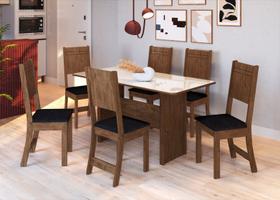 Conjunto Mesa de Jantar Florence com 6 Cadeiras Noce/Off White/Tecido Preto Spazio Móveis