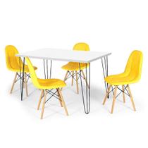 Conjunto Mesa de Jantar Hairpin 130x80 Branca com 4 Cadeiras Eiffel Botonê - Amarelo