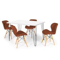 Conjunto Mesa de Jantar Hairpin 130x80 Branca com 4 Cadeiras Eiffel Slim - Marrom