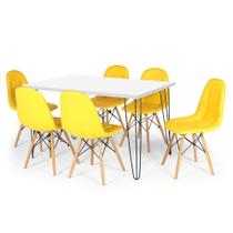 Conjunto Mesa de Jantar Hairpin 130x80 Branca com 6 Cadeiras Eiffel Botonê - Amarelo