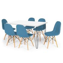 Conjunto Mesa de Jantar Hairpin 130x80 Branca com 6 Cadeiras Eiffel Botonê - Turquesa