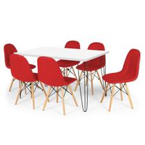 Conjunto Mesa de Jantar Hairpin 130x80 Branca com 6 Cadeiras Eiffel Botonê - Vermelho