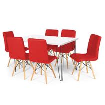 Conjunto Mesa de Jantar Hairpin 130x80 Branca com 6 Cadeiras Eiffel Gomos - Vermelho
