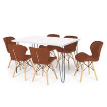 Conjunto Mesa de Jantar Hairpin 130x80 Branca com 6 Cadeiras Eiffel Slim - Marrom Conjunto Mesa de Jantar Hairpin 130x80 Branca com 6 Cadeiras Eiffel Slim - Marrom