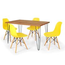 Conjunto Mesa de Jantar Hairpin 130x80 Natural com 4 Cadeiras Eames Eiffel - Amarelo