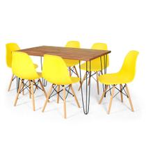 Conjunto Mesa de Jantar Hairpin 130x80 Natural com 6 Cadeiras Eames Eiffel - Amarelo