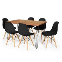 Conjunto Mesa de Jantar Hairpin 130x80 Natural com 6 Cadeiras Eames Eiffel - Preto - OpenUp!