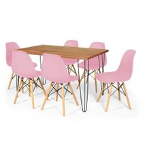 Conjunto Mesa de Jantar Hairpin 130x80 Natural com 6 Cadeiras Eames Eiffel - Rosa