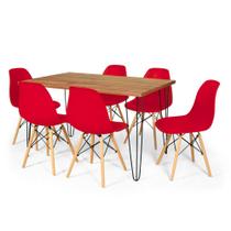 Conjunto Mesa de Jantar Hairpin 130x80 Natural com 6 Cadeiras Eames Eiffel - Vermelho