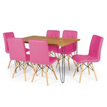 Conjunto Mesa de Jantar Hairpin 130x80 Natural com 6 Cadeiras Eiffel Gomos - Rosa - OpenUp!