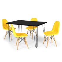 Conjunto Mesa de Jantar Hairpin 130x80 Preta com 4 Cadeiras Eiffel Botonê - Amarelo