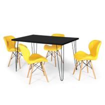 Conjunto Mesa de Jantar Hairpin 130x80 Preta com 4 Cadeiras Eiffel Slim - Amarelo