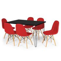 Conjunto Mesa de Jantar Hairpin 130x80 Preta com 6 Cadeiras Eiffel Botonê - Vermelho