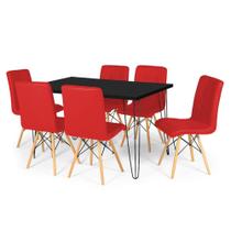 Conjunto Mesa de Jantar Hairpin 130x80 Preta com 6 Cadeiras Eiffel Gomos - Vermelho