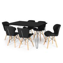 Conjunto Mesa de Jantar Hairpin 130x80 Preta com 6 Cadeiras Eiffel Slim - Preto