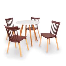 Conjunto Mesa de Jantar Inês 80cm Branca com 4 Cadeiras Windsor - Marrom